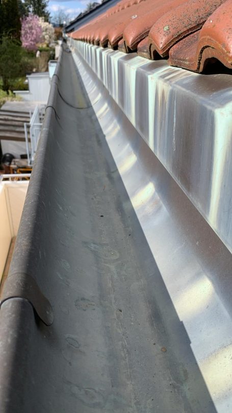 Blick auf eine Metallrinne mit Laub und umliegenden Gebäuden im Hintergrund.